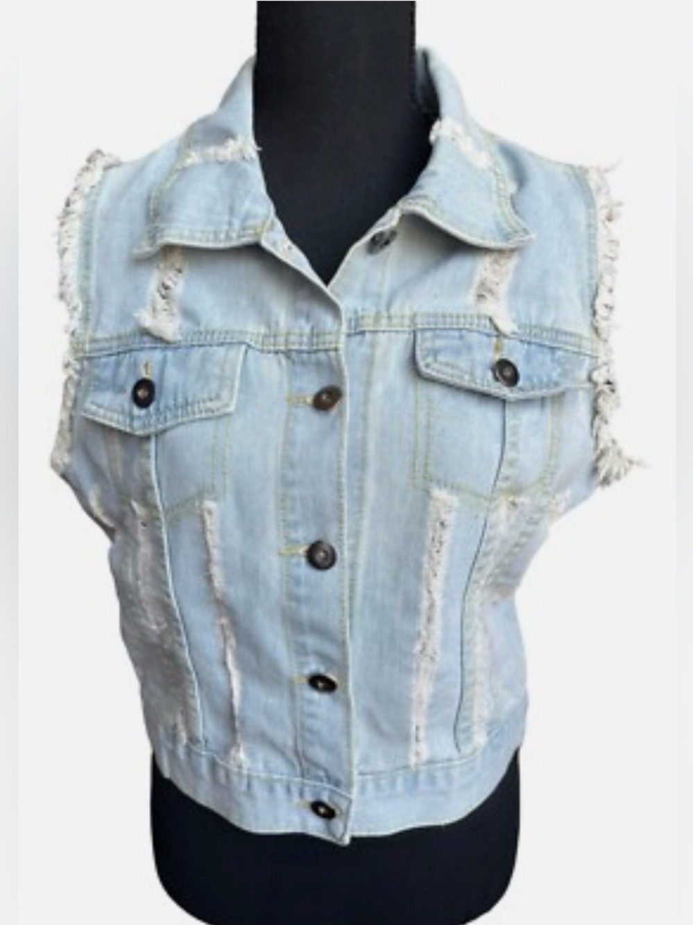 MISS MOLY Women's Denim Vest Sleeveless Distressed Classic Buttoned Size L